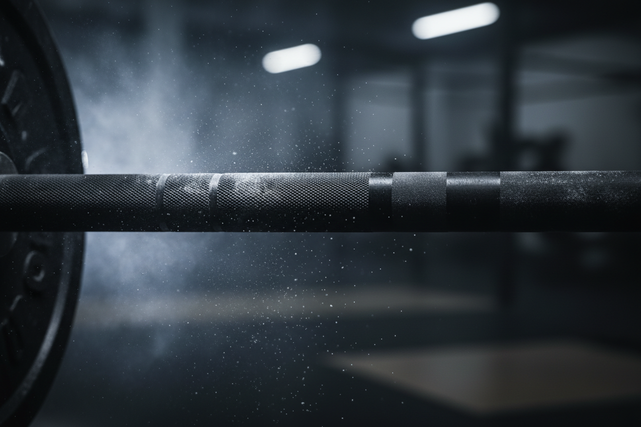 cinematic shot, dark gym atmosphere, macro close up of barbell knurling, magnesium chalk dust floating in air, dramatic rim lighting, volumetric fog, matte black aesthetic, high contrast, 8k, photorealistic, blurred background, negative space on the right side --ar 16:9 --style raw --v 6.0 --no text